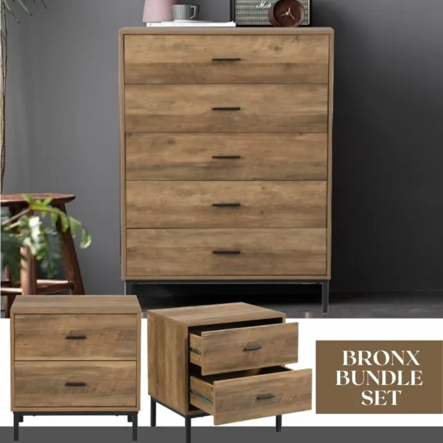 Dressers & Chests of 5 Drawers + 2 x Bedside Table Bundle FREE SHIPPING