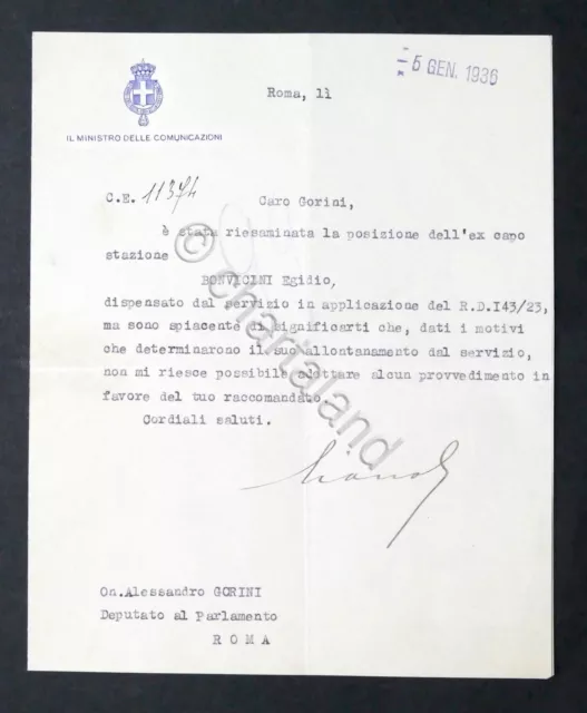 Lettera dattiloscritta con autografo del Ministro Costanzo Ciano - 1936