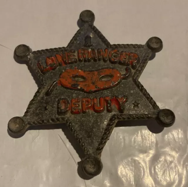 Vintage Metal Lone Ranger Deputy 6 Point Star Silver  & Red Badge Pin w/Mask  2”
