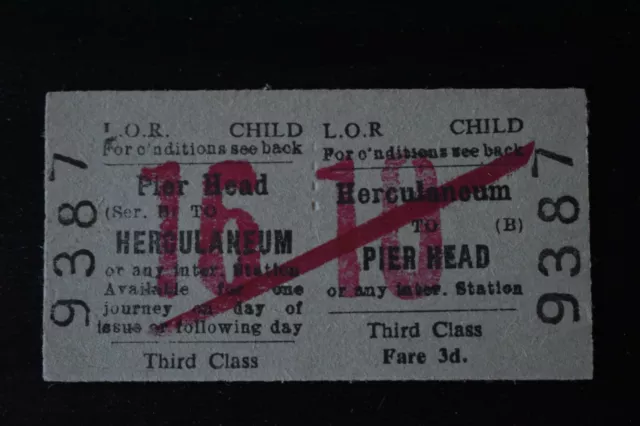 Liverpool Overhead Railway Ticket LOR HERCULANEUM to PIERHEAD No 9387