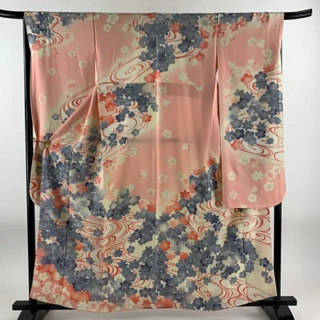 Japanischer Kimono Furisode, reine Seide, japanische Aprikose, fließendes...