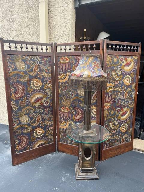 🐅VINTAGE 2p 3FoLd framed Tapestry Room DiViDER w/ MatCHING FLoor LAMP set
