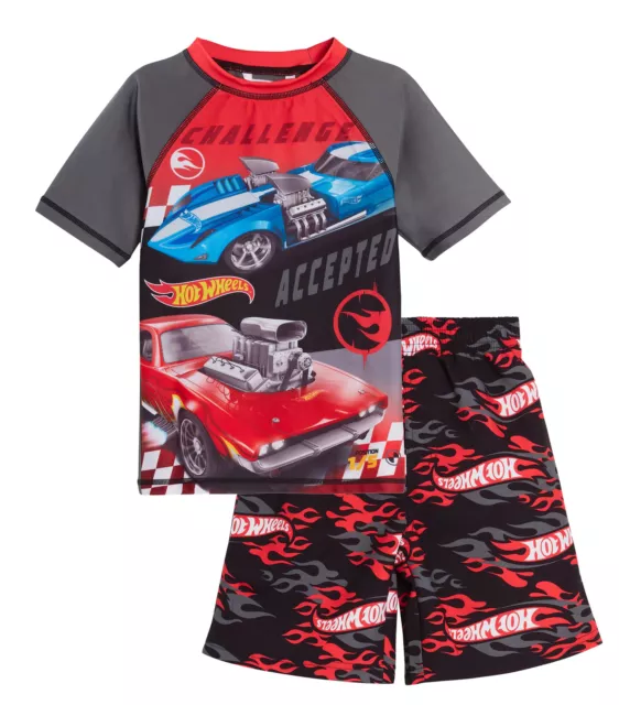 Boys Hot Wheels Swim Shorts + Rash Vest Set Kids Racing Car Sunsafe Swimming Set