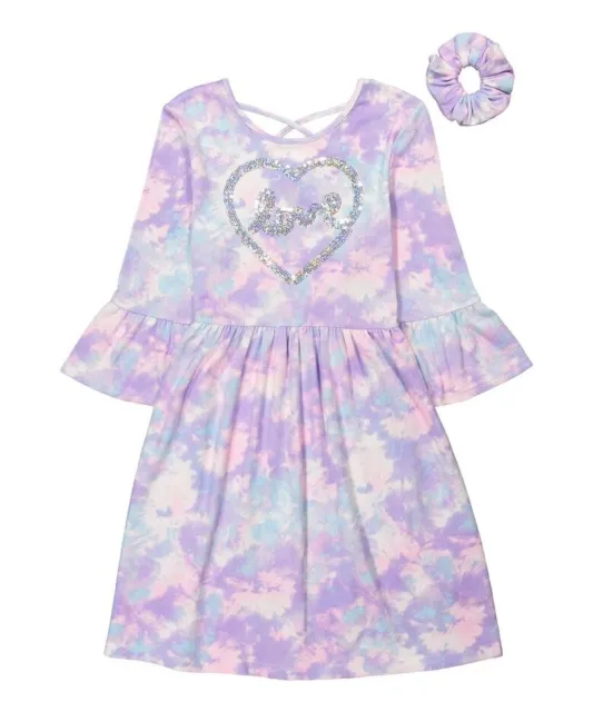NWT Limited Too Girls Size 5 Purple Tie Dye Bell Sleeve Heart Dress Scrunchie