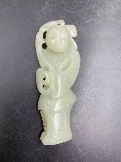 Chinese Antique Jade Carving Boy Holding Flowers 32g