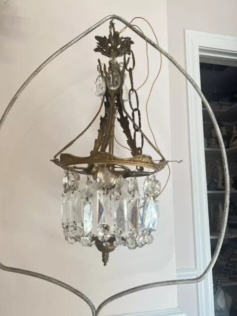 Chandelier Lamp Basket French Style Brass Crystal Prism Antique Vtg 2