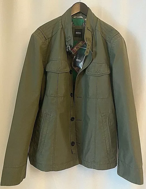 New BOSS Hugo Boss Mens 44R Field Jacket Military Green Cotton Coat Button Up 3