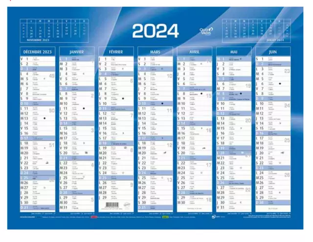 QUO VADIS 1 Calendrier Semestriel 2024, Format: 13,5x18 cm Coloris : Bleu NEUF