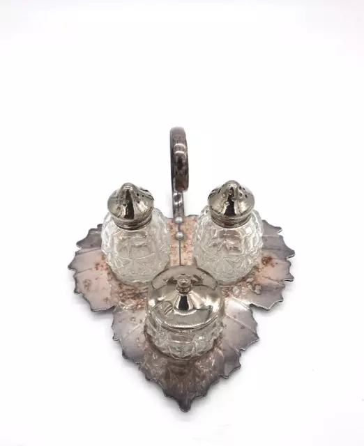 Vintage Pressed Glass Condiment Set On  Silver Plated Leaf Cruet Tray