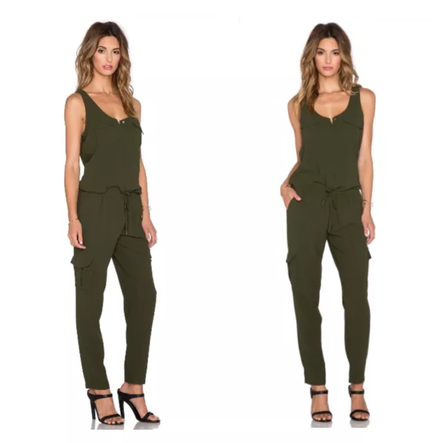 Joie Vernay Drawstring Jumpsuit Military Olive Green Sleeveless Pockets Size XS