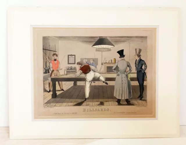 Antique "Billiards" Print by William Henry Pyne 1825/ Rare Original Hand-Colored