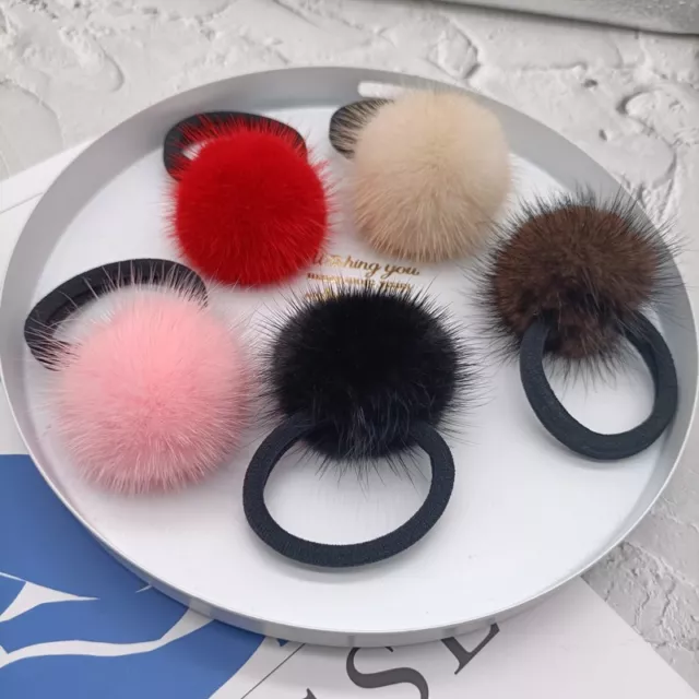 Womens Girls Cute Real Mink Fur Hair Ring Hair Rope Hair Band Hair Accessories