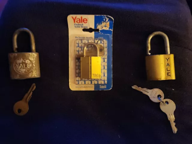 Lot of 3: Antique/Vintage Yale Padlocks with Keys, 1 new in original packaging.