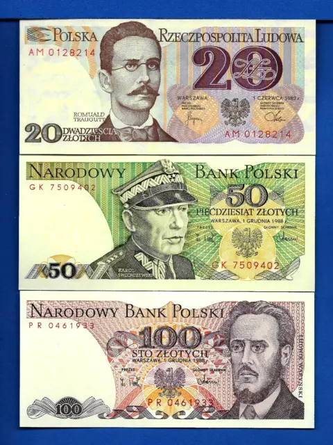 Poland 20 50 100 Zlotych Years 1975-1988 Uncirculated Banknotes Set # 5