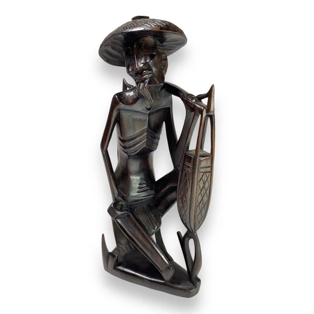 Asian Hand Carved Wooden Sculpture Fisherman Figurine Farmer