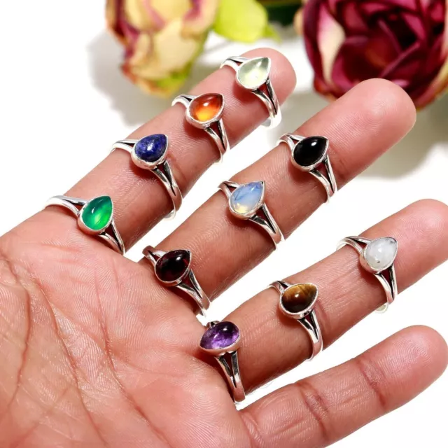 Mix Natural Gemstones 925 Sterling Silver Pear Cut Jewelry Wholesale Rings Lot