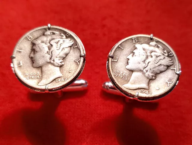 Vintage 1942 WWII Era Mercury Dime .900 Pure Silver Coin Cufflinks + Gift Box!