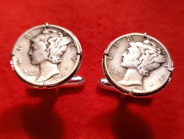 Vintage 1942 WWII Era Mercury Dime .900 Pure Silver Coin Cufflinks + Gift Box! Vintage 1942 WWII Era Mercury Dime .900 Pure Silver Coin Cufflinks + Gift Box!