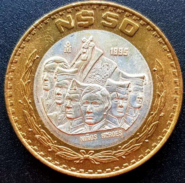 UNC 1995 MEXICO $50 NUEVOS PESOS Silver BIMETALLIC Niños Héroes VERY  SCARCE!