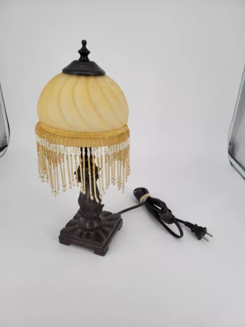 BOUDOIR Beaded Gold Brown Fringe Lamp Working! Excellent Condition! As Is