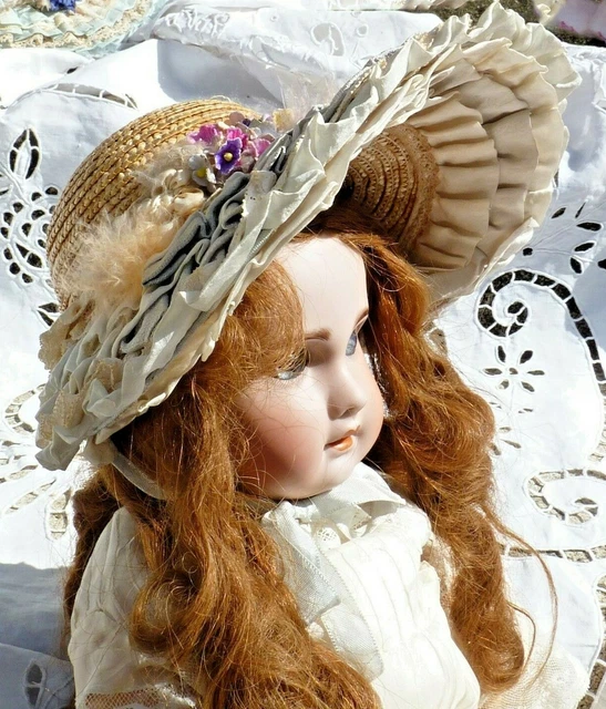 Chapeau Miniature Ancien Pour Poupée Jumeau - Paille Tressée, Ruban Et Fleurs