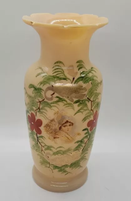 Antique Victorian 19th Century Enamel Blown Bristol Glass Handpainted Peach Vase