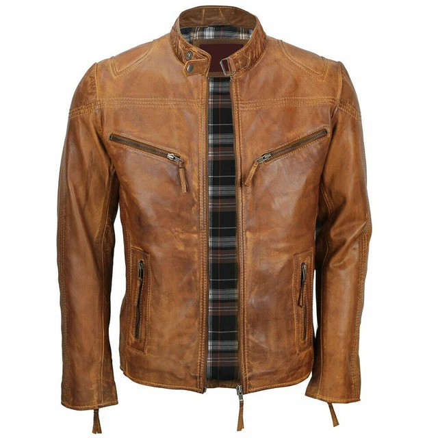 Giacca in pelle nuova da uomo Biker Cafe Racer vintage moto effetto invecchiato marrone marrone marrone marrone chiaro