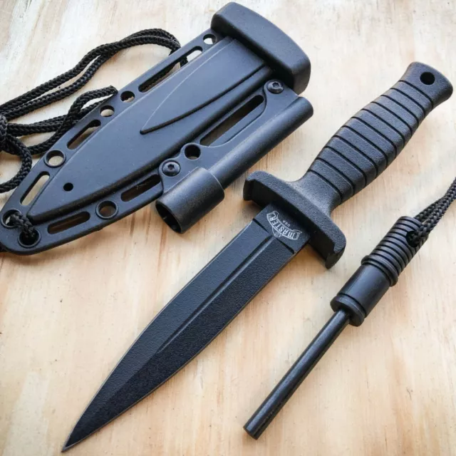 7" Double Edge Military Tactical Hunting Dagger Neck Knife + Fire Starter Stick