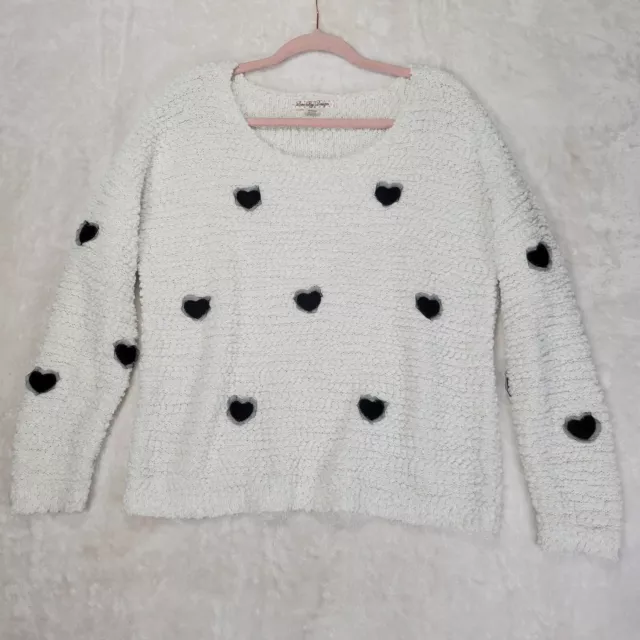 Love By Design L Woman's Sweater Ivory w/ Black Hearts Applique