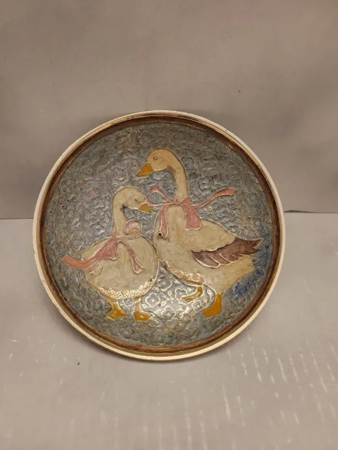 Vintage Enameled Brass Trinket Dish Etched Ducks With Pink Bows 5" Footed