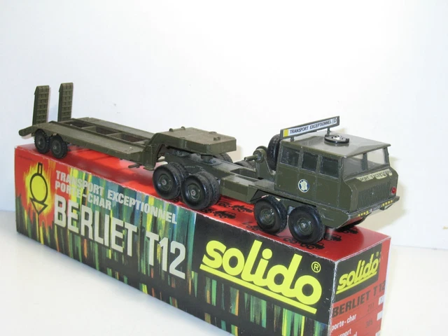 SOLIDO BERLIET T12 porte char kaki foncé, giro électrique +rétro 1970