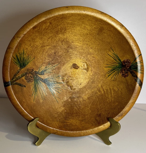 Vintage Wooden Bowl. Hand Painted Pine Cones. Decor. Nuts. Primitive. Country.