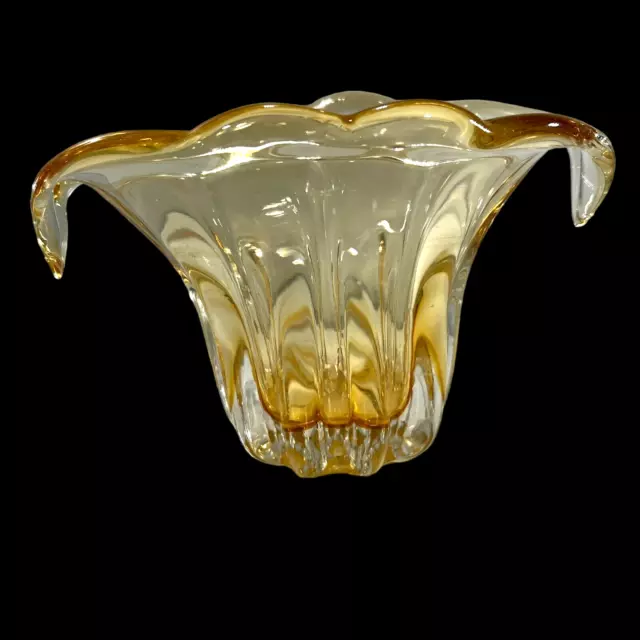 Vtg Hand Blown Art Glass Waterfall Pale Yellow Gold Thick Vase Heavy Teleflora 2