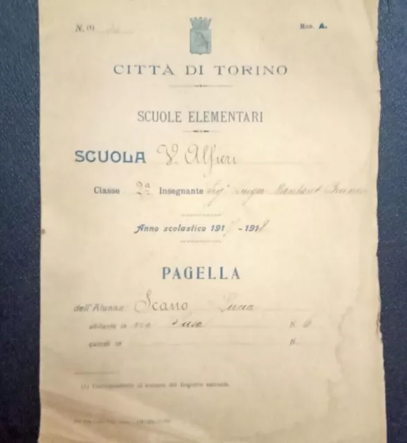 Antica Pagella Antichissima 1917-1918 Torino Scuola Alfieri