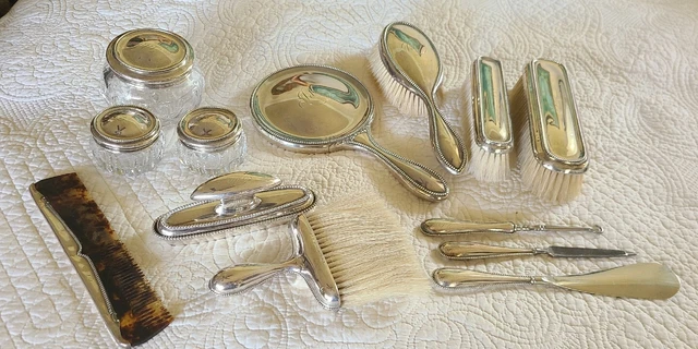 Antique Sterling Silver 13 Piece Vanity Dresser Set Beaded edge