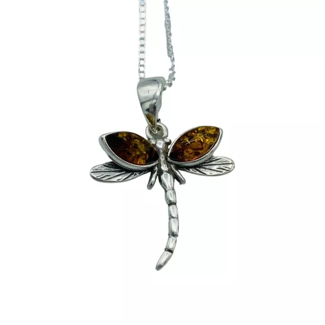 Sterling Silver 925 Amber Dragonfly Pendant Necklace Signed Bug Figural