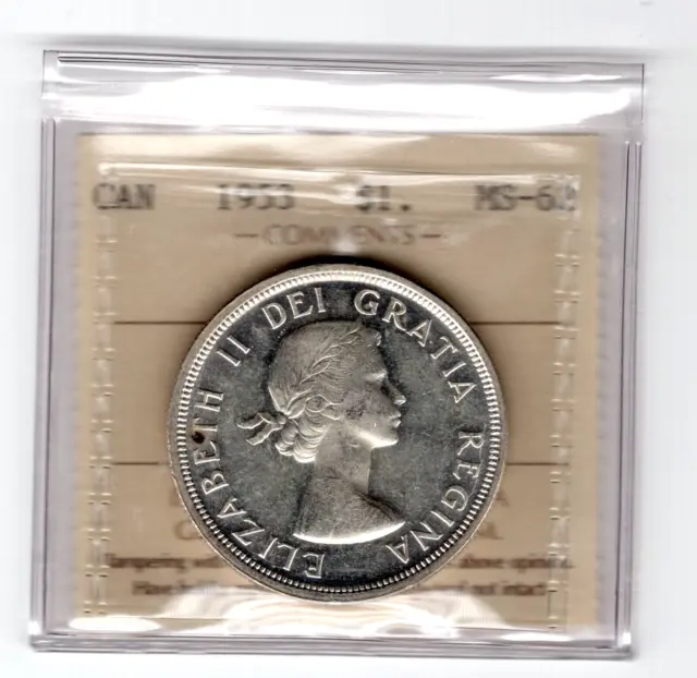 1953 Canada One Silver Dollar Coin - Shoulderfold - ICCS Graded MS-62