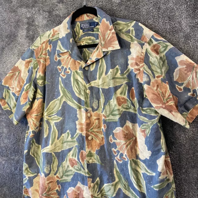 Vintage Polo Ralph Lauren Shirt Mens Large Camp Linen Hawaiian Print Floral