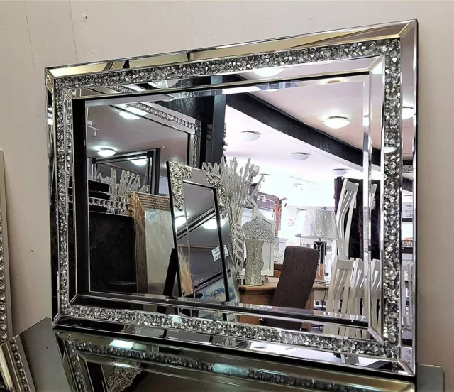 New 80x60cm Crushed Diamond Crystal Glass Silver Frame Large Jewel Wall Mirror