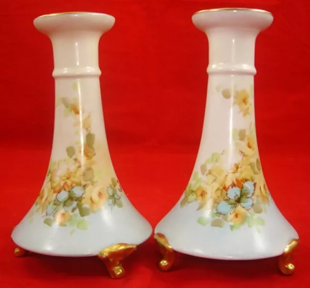 Antique GOTHAM AUSTRIA PORCELAIN CANDLE HOLDERS CANDLESTICKS Gold Trim Floral