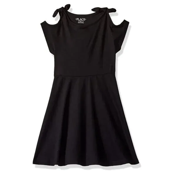 The Children's Place Girls' Cold Shoulder Casual Dress Black Cotton Bow M (7/8)