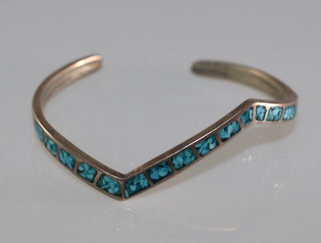 Vintage Navajo Turquoise Chip Inlay Zig Zag Bracelet Sterling Silver for smaller