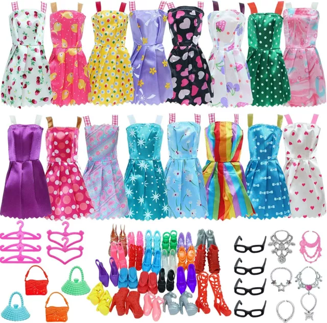 32 pcs Barbie Clothes Doll Fashion Wear Clothing outfits Dress up Gown  Shoes Lot