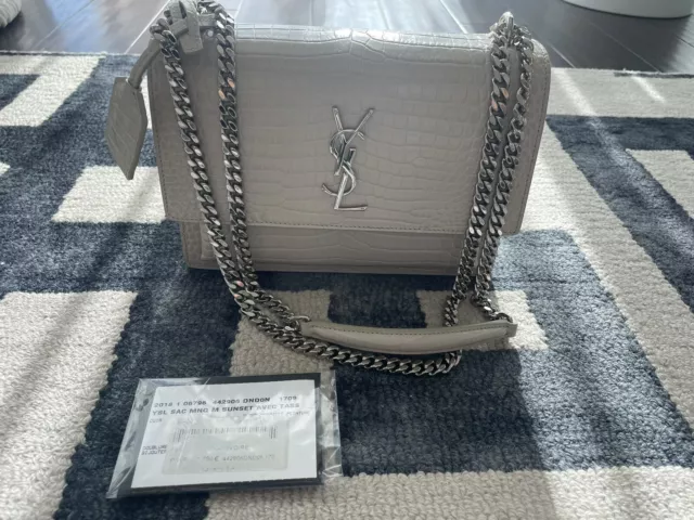 SAINT LAURENT 2700$ Medium Sunset Bag In Lught Gray- Grain Leather, Chain, YSL