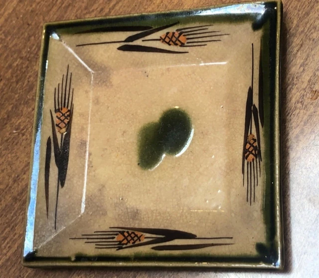 Antique Japanese Green Glazed Pottery Square Plate Bowl Wheat Cattails Grass
