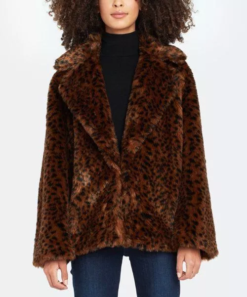 MSRP $498 Joie Brown Leopard Peak-Lapel Faux Fur Plush Jacket Size XS NWOT