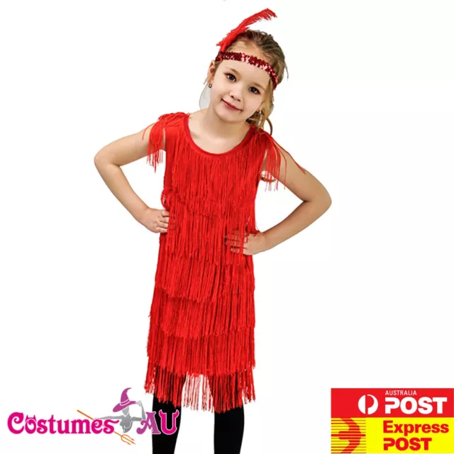 Girls 20s Gatsby Costume 1920s Child Kids Red Flapper Charleston Fancy Dress