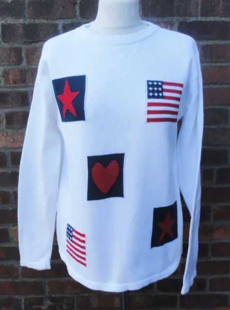 Vintage 100% Cotton Sweater White REd Blue USA Stars & Stripes Flag S/M
