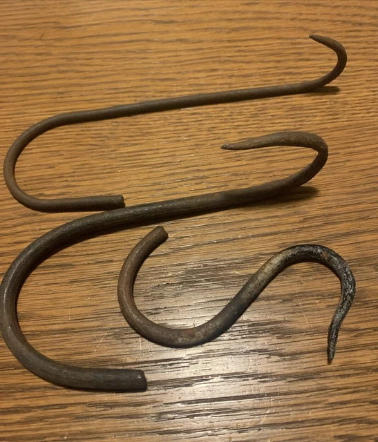 3 Vintage Rusty S Meat Hooks Hand-Forged Wrought Iron Blacksmith 4" to 7" Long
