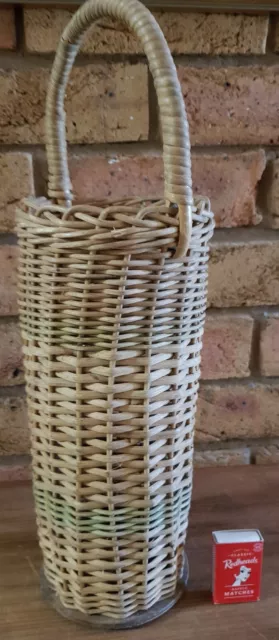Vintage Wicker Bottle Basket Holder Wine Thermos Picnic Camping Cane Carrier